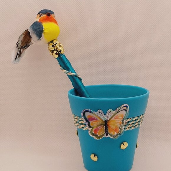 Blue Bird Pen Set with Small Turquoise Decorative Flowerpot Organizer - Picture 1 of 4
